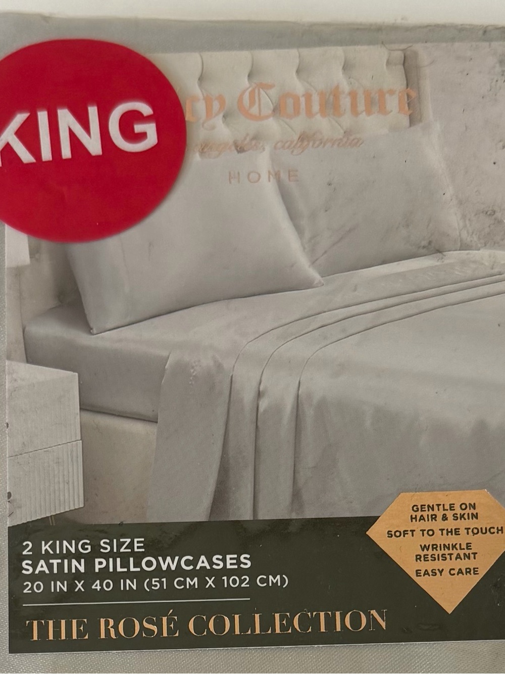 Juicy Couture King Pair 20”x 40” Pillowcases Satin Silver